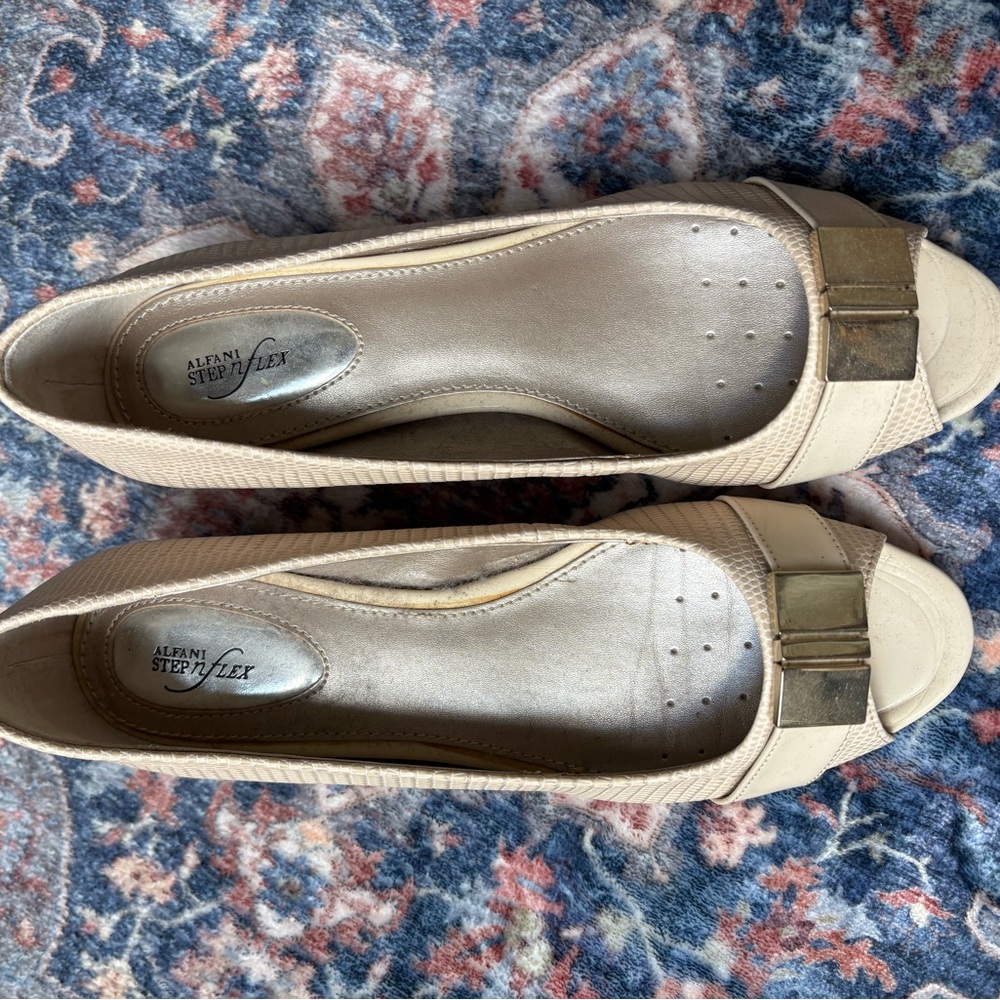 Alfani Women's Beige Peep Toe Flats with Gold Accent